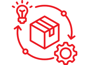 Red outline of a lightbulb, box, and gear interconnected with arrows, representing the product development and manufacturing process.