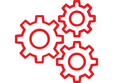 Red outline of three interlocking gears, symbolizing machinery and mechanical processes.