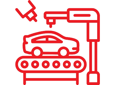 Red outline of a car on a conveyor belt with a robotic arm, representing automated car manufacturing.