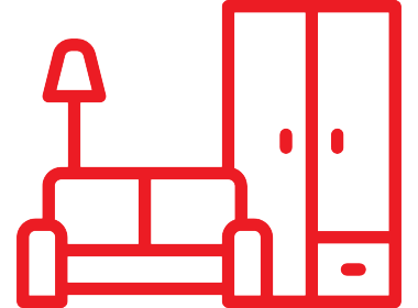 Icon of a sofa, lamp, and wardrobe in red outline.