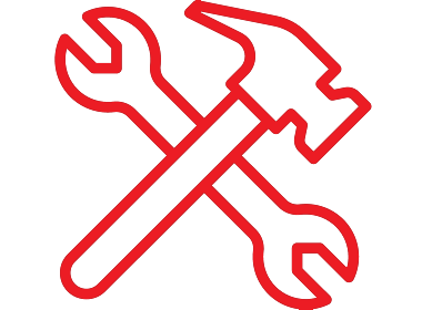 Red outline of a wrench and hammer crossed together, symbolizing tools and repair.