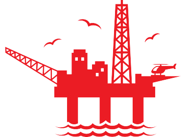 Red icon of an offshore oil rig with birds and a helicopter .